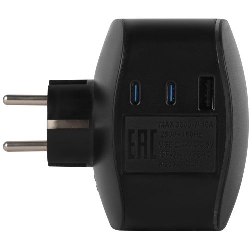 Разветвитель 3-м SP-3e-3USBAC-B + 3 USB A+C с заземл. со шторками 16А черн. Эра Б0069082