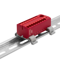 Блок распределительный с горизонт. адаптером на рейку шир. 35мм зажим push-in 1 ввод 6кв.мм 18 точек подключения 2.5кв.мм красн. DKC DTP1-118-104SPUR-H