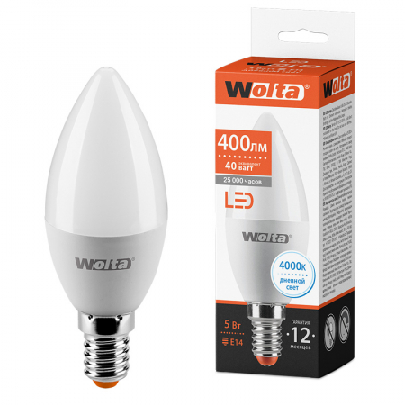 Светодиодная лампа WOLTA 5Вт 4000K E14 свеча матовая 25SC5E14