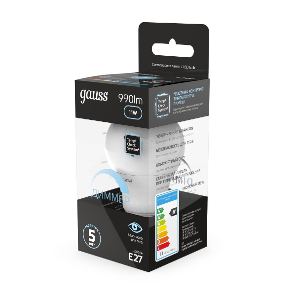 Лампа светодиодная диммируемая Gauss E27 11W 4100K матовая 102502211-D