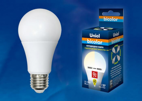 Лампа светодиодная (UL-00001569) Uniel E27 9W 4000K матовая LED-A60-9W/WW+NW/E27/FR PLB01WH