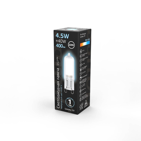 Лампа светодиодная Gauss G9 4.5W 4100K прозрачная 107809204