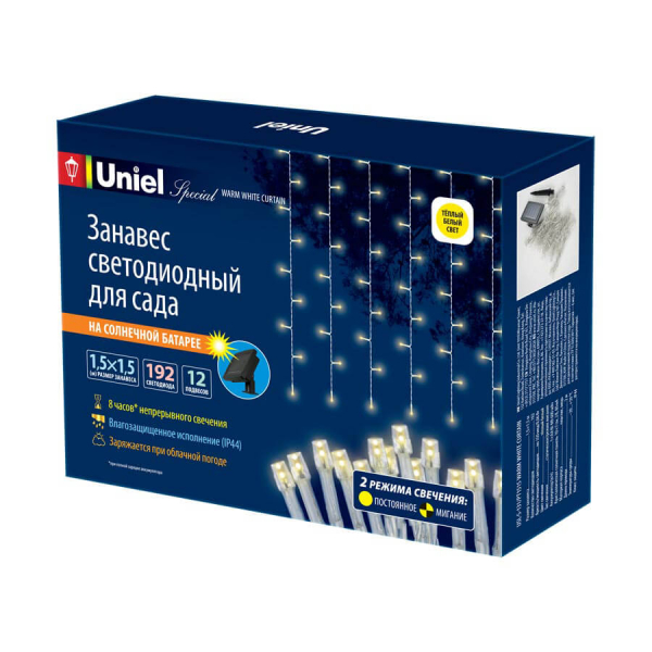 Гирлянда на солнечных батареях (UL-00006538) Uniel Занавес USL-S-131/PT1515 Warm White Curtain