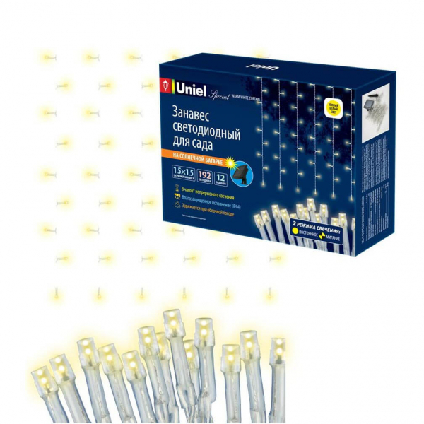 Гирлянда на солнечных батареях (UL-00006538) Uniel Занавес USL-S-131/PT1515 Warm White Curtain