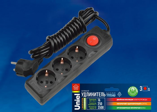 Удлинитель (UL-00003608) Uniel 2гн х 3м с/з Standard S-GCD3-3B Black
