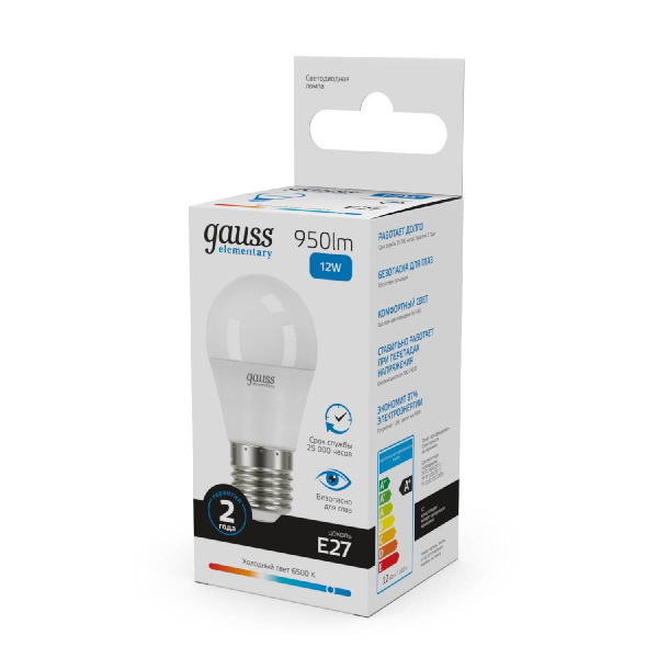 Лампа светодиодная Gauss E27 12W 6500K шар матовый 53232