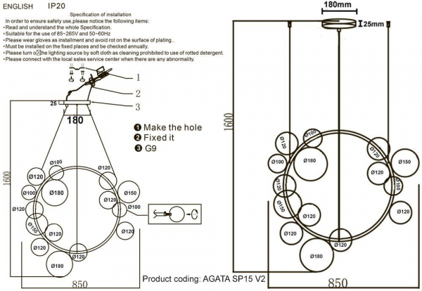 Подвесная люстра Crystal Lux Agata SP15 V2 Black/Transparente