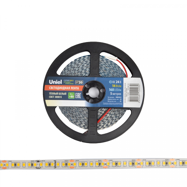 Светодиодная лента Uniel ULS-2835-168LED/m-10mm-IP20-DC24V-14W/m-5M-3000K катушка в герметичной упаковке