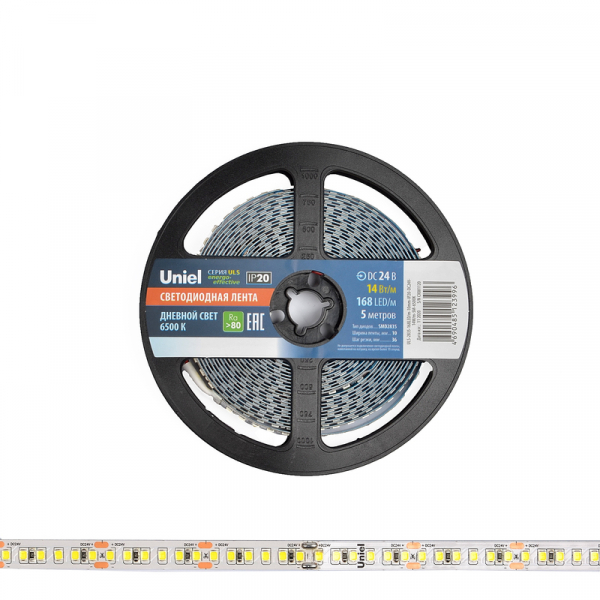 Светодиодная лента Uniel ULS-2835-168LED/m-10mm-IP20-DC24V-14W/m-5M-6500K катушка в герметичной упаковке