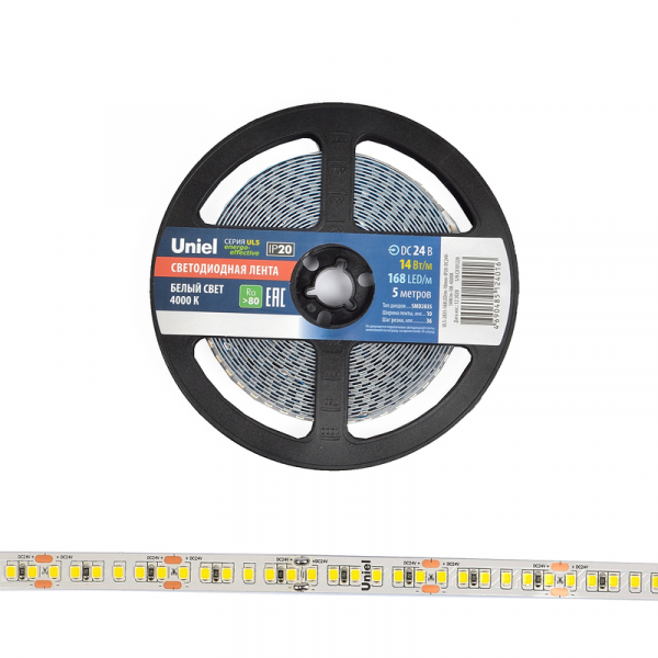 Светодиодная лента Uniel ULS-2835-168LED/m-10mm-IP20-DC24V-14W/m-5M-4000K катушка в герметичной упаковке