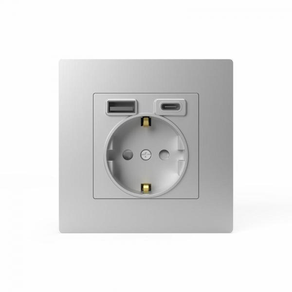 Розетка 1-м СП Pixel IP20 с заземл. с 2-мя заряд. устр. USB тип A+C механизм алюм. TOKOV ELECTRIC TKE-PX-R1U2AC-C03