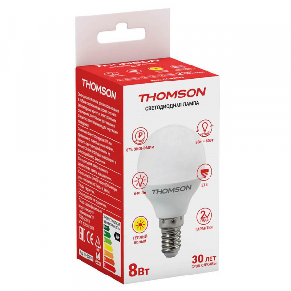 Лампа светодиодная Thomson E14 8W 3000K шар матовый TH-B2033