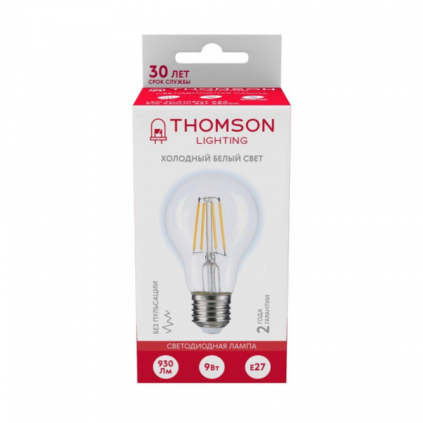Лампа светодиодная филаментная Thomson E27 9W 6500K груша прозрачная TH-B2331