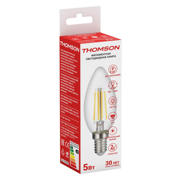 Лампа светодиодная филаментная Thomson E14 5W 4500K свеча прозрачная TH-B2066