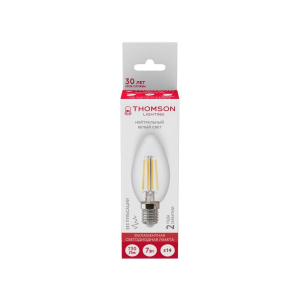 Лампа светодиодная филаментная Thomson E14 7W 4500K свеча прозрачная TH-B2068