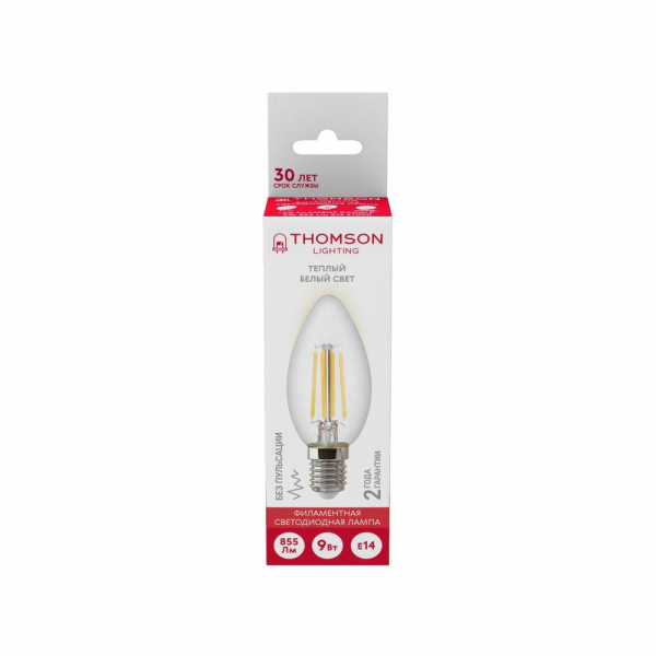 Лампа светодиодная филаментная Thomson E14 9W 2700K свеча прозрачная TH-B2069