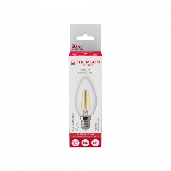 Лампа светодиодная филаментная Thomson E14 11W 2700K свеча прозрачная TH-B2071