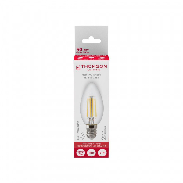 Лампа светодиодная филаментная Thomson E14 11W 4500K свеча прозрачная TH-B2072