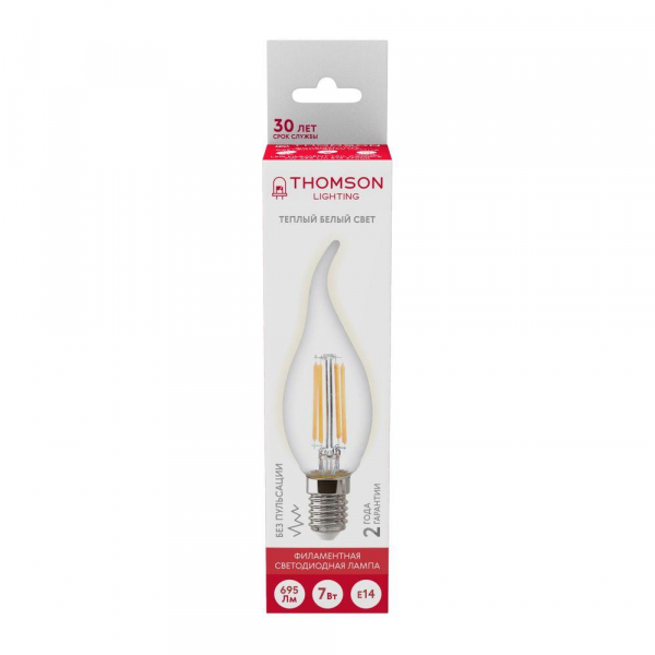 Лампа светодиодная филаментная Thomson E14 7W 2700K свеча на ветру прозрачная TH-B2075