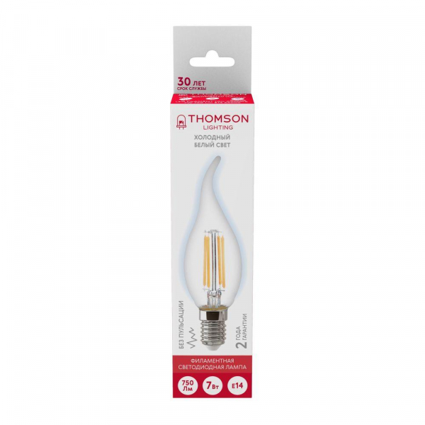 Лампа светодиодная филаментная Thomson E14 7W 6500K свеча на ветру прозрачная TH-B2336