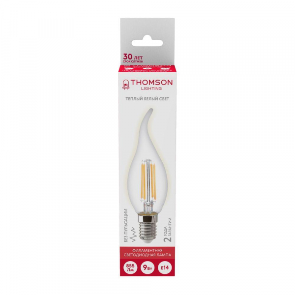 Лампа светодиодная филаментная Thomson E14 9W 2700K свеча на ветру прозрачная TH-B2077
