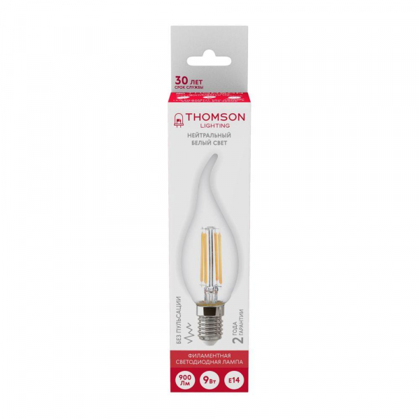 Лампа светодиодная филаментная Thomson E14 9W 4500K свеча на ветру прозрачная TH-B2078