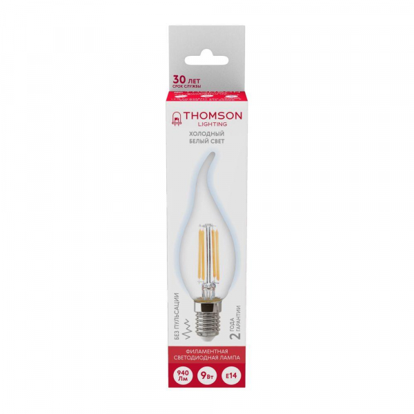 Лампа светодиодная филаментная Thomson E14 9W 6500K свеча на ветру прозрачная TH-B2387