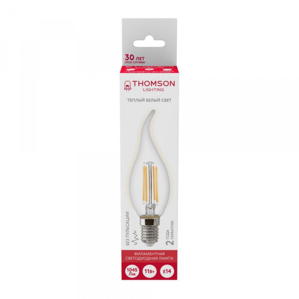 Лампа светодиодная филаментная Thomson E14 11W 2700K свеча на ветру прозрачная TH-B2079