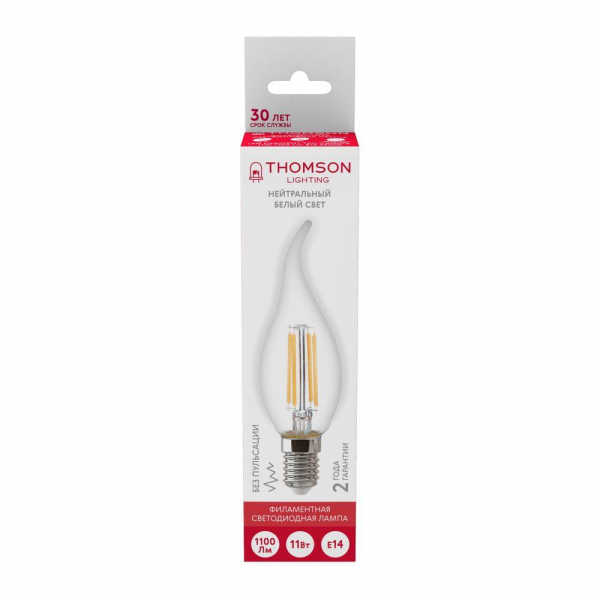 Лампа светодиодная филаментная Thomson E14 11W 4500K свеча на ветру прозрачная TH-B2080