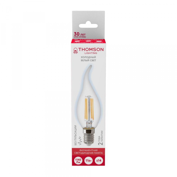 Лампа светодиодная филаментная Thomson E14 11W 6500K свеча на ветру прозрачная TH-B2388