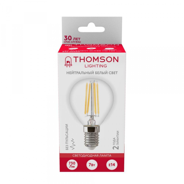 Лампа светодиодная филаментная Thomson E14 7W 4500K шар прозрачный TH-B2084