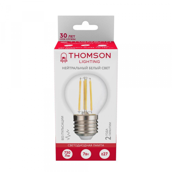 Лампа светодиодная филаментная Thomson E27 7W 4500K шар прозрачный TH-B2092