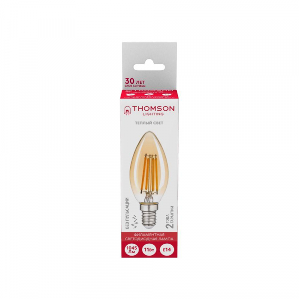 Лампа светодиодная филаментная Thomson E14 11W 2400K свеча прозрачная TH-B2116