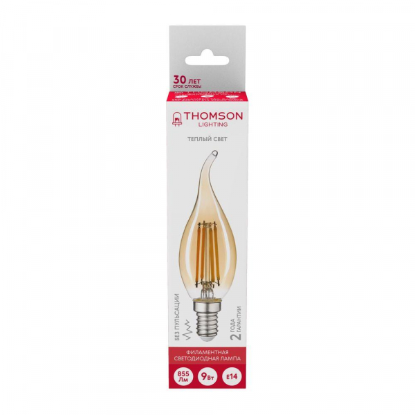 Лампа светодиодная филаментная Thomson E14 9W 2400K свеча не ветру прозрачная TH-B2119