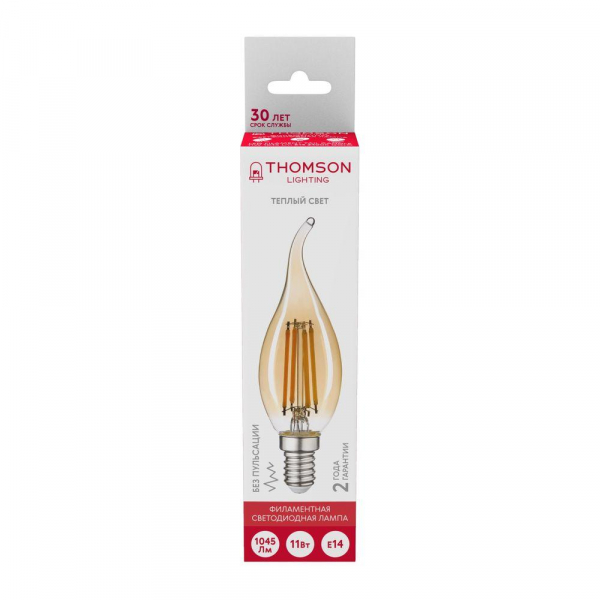 Лампа светодиодная филаментная Thomson E14 11W 2400K свеча не ветру прозрачная TH-B2120