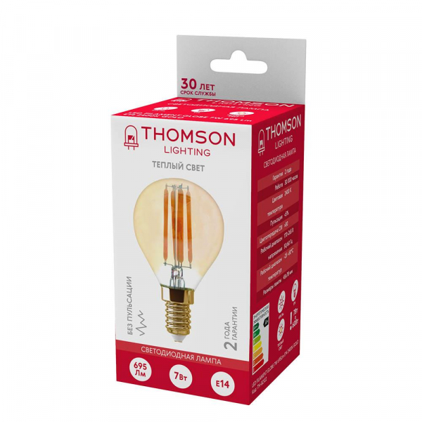 Лампа светодиодная филаментная Thomson E14 7W 2400K шар прозрачный TH-B2122