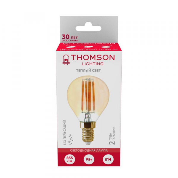 Лампа светодиодная филаментная Thomson E14 9W 2400K шар прозрачный TH-B2123