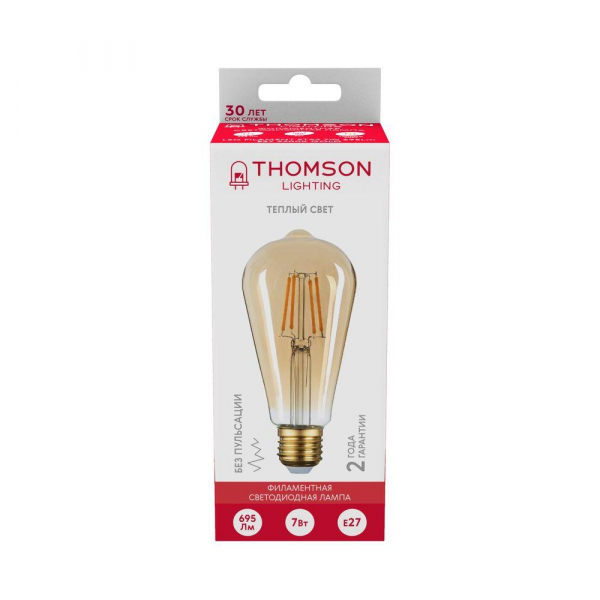 Лампа светодиодная филаментная Thomson E27 7W 2400K колба прозрачная TH-B2129