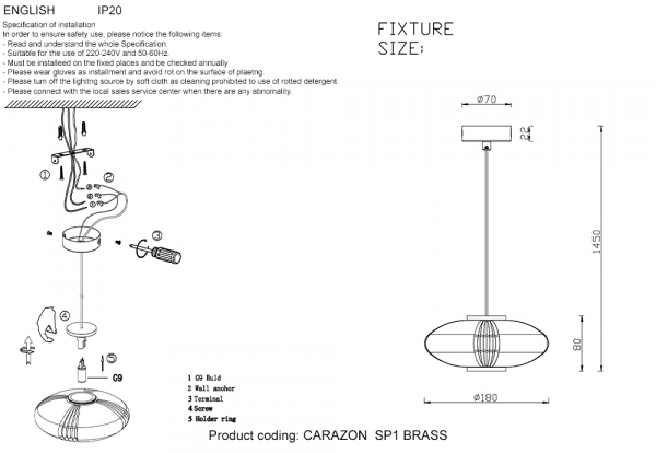 Подвесной светильник Crystal Lux CARAZON SP1 BRASS
