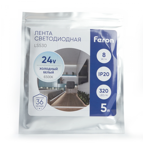 Светодиодная лента Feron LS530 24В 2110 8Вт/м 6500K 5м IP20 48265