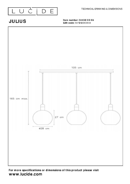 Подвесной светильник Lucide Julius 34438/03/65