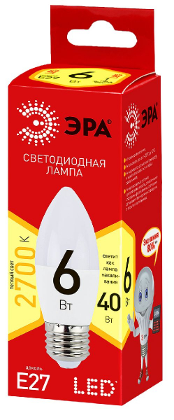 Лампа светодиодная Эра E27 6W 2700K ECO LED B35-6W-827-E27 Б0020620