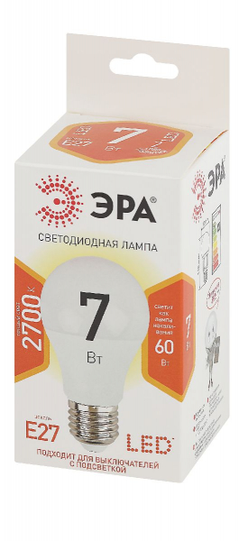 Лампа светодиодная Эра E27 7W 2700K LED A60-7W-827-E27 Б0029819