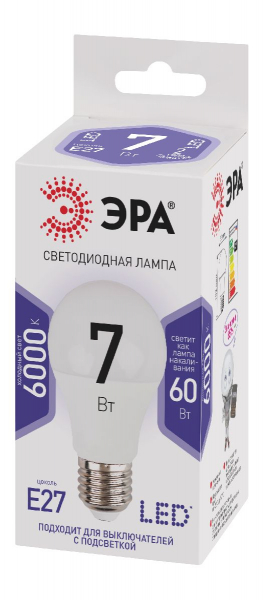 Лампа светодиодная Эра E27 7W 6000K LED A60-7W-860-E27 Б0044087