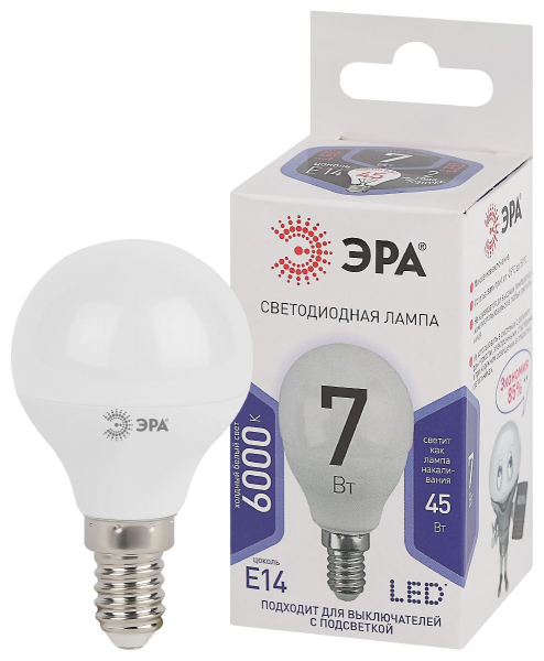 Лампа светодиодная Эра E14 7W 6000K LED P45-7W-860-E14 Б0031401