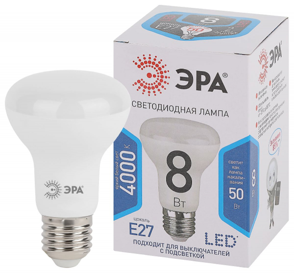 Лампа светодиодная Эра E27 8W 4000K LED R63-8W-840-E27 Б0028490
