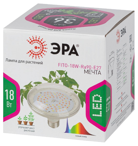 Фитолампа для растений светодиодная Эра E27 18W 6500K FITO-18W-Ra90-E27 Б0057710