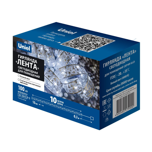 Гирлянда Uniel ULD-S1000-100/SCB/3AA WHITE IP20 RIBBON UL-00010901