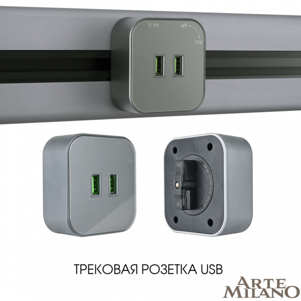 Трековая розетка Arte Milano Am-track-sockets 380022TS/USBx2 Grey