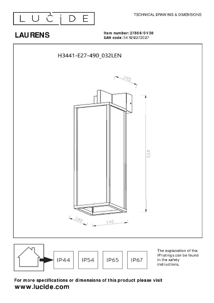Уличный настенный светильник Lucide Laurens 27806/01/30